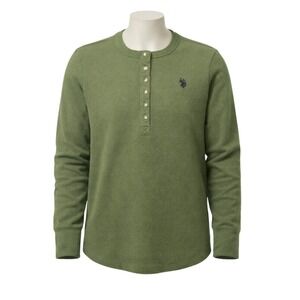 Pony Logo Thermal Waffle knit green Henley long sleeve shirt Large